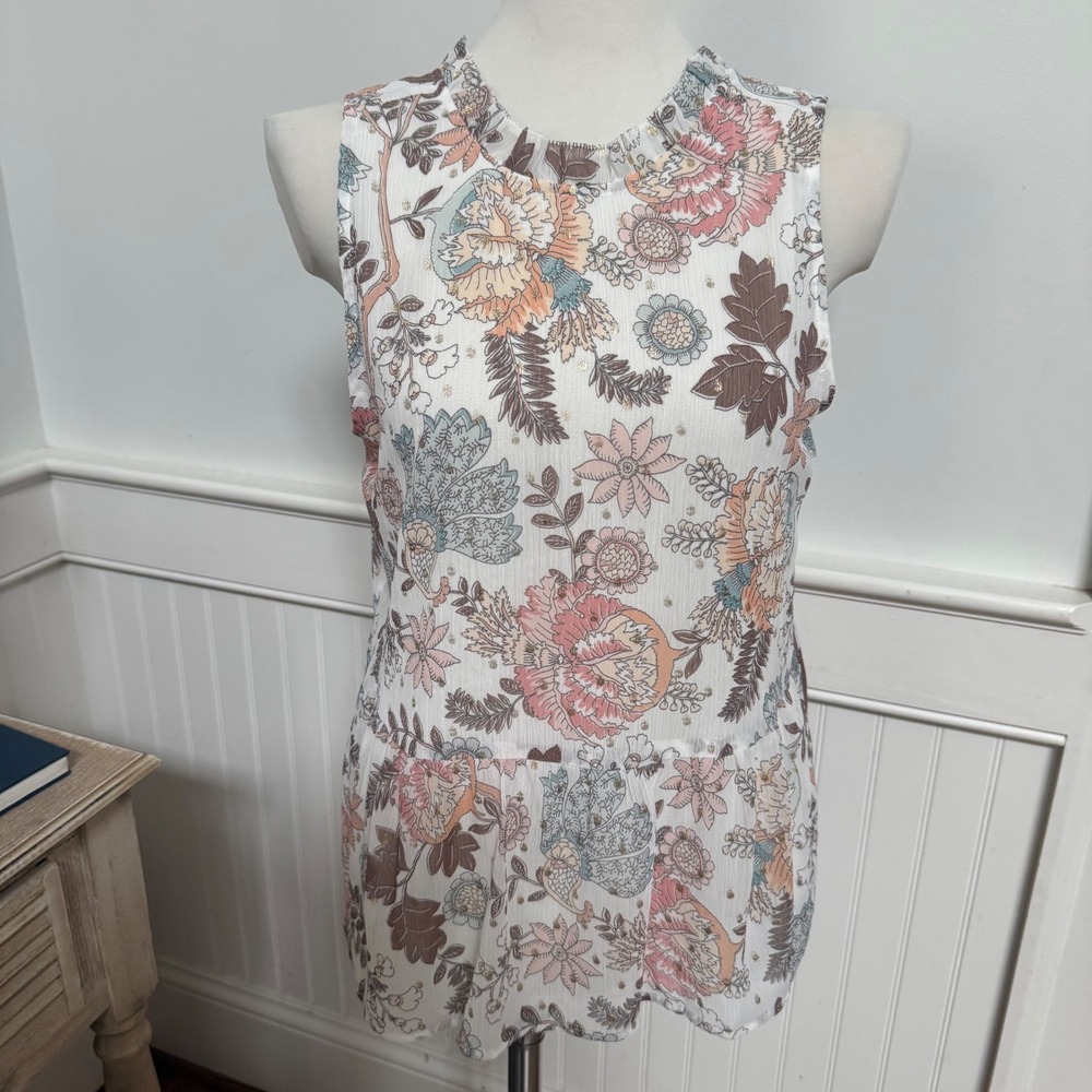 LOFT‎ Womens Small Floral Sleeveless Peplum Blouse Ruffle Neck Gold Metallic